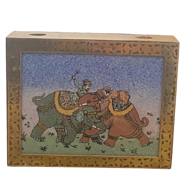 Indian artwork, wood & brass,  pen & notepad holder - Picture 2 of 15